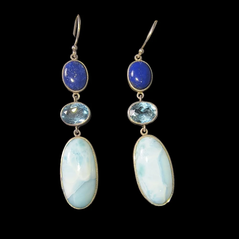 NK Silver Lapis, Blue Topaz And Larimar Dangle Earrings In Sterling Silver - Picture 2 of 8